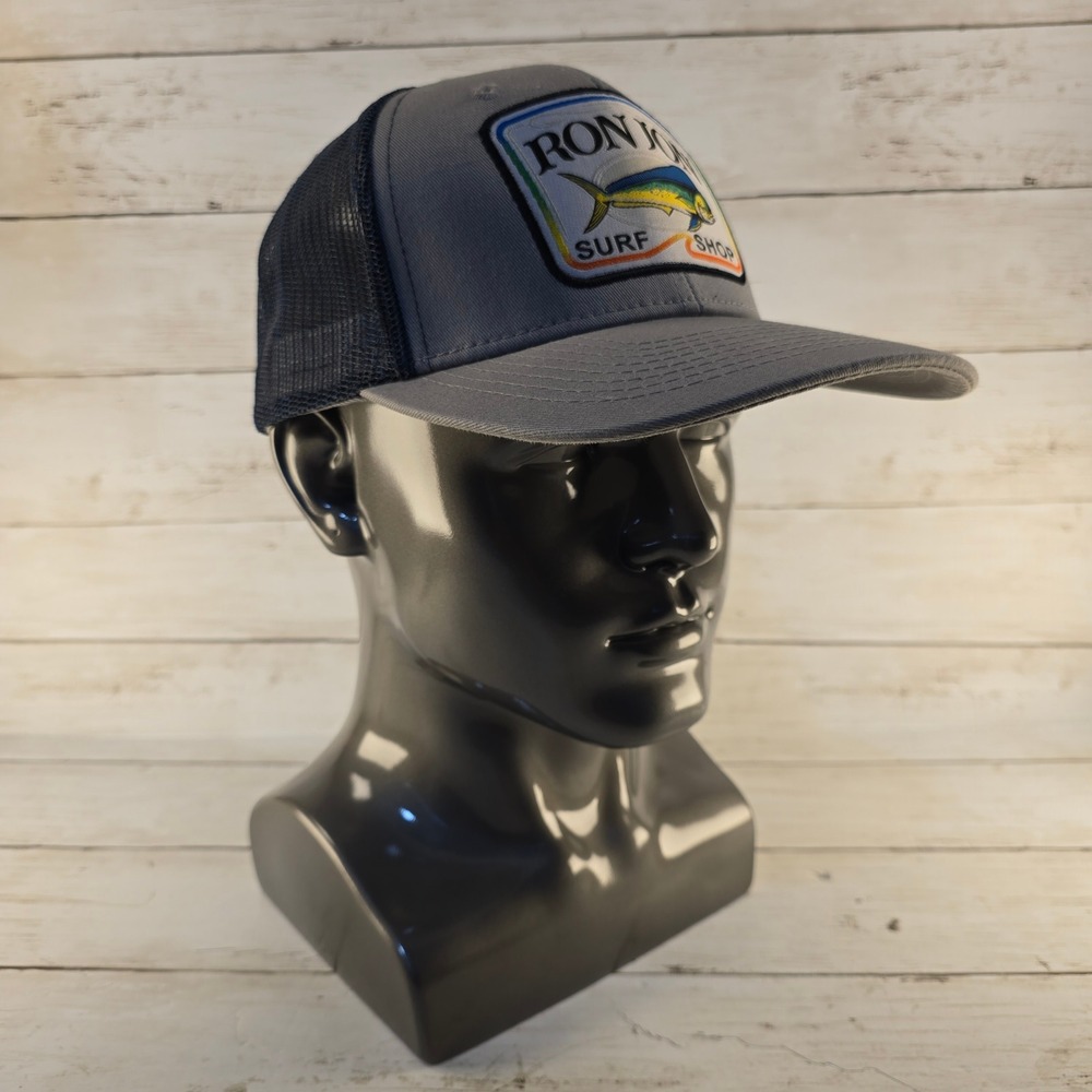 Ron Jon Surf Shop Trucker Hat Gray Navy Blue Mahi Mahi Fish Patch Snapback Cap